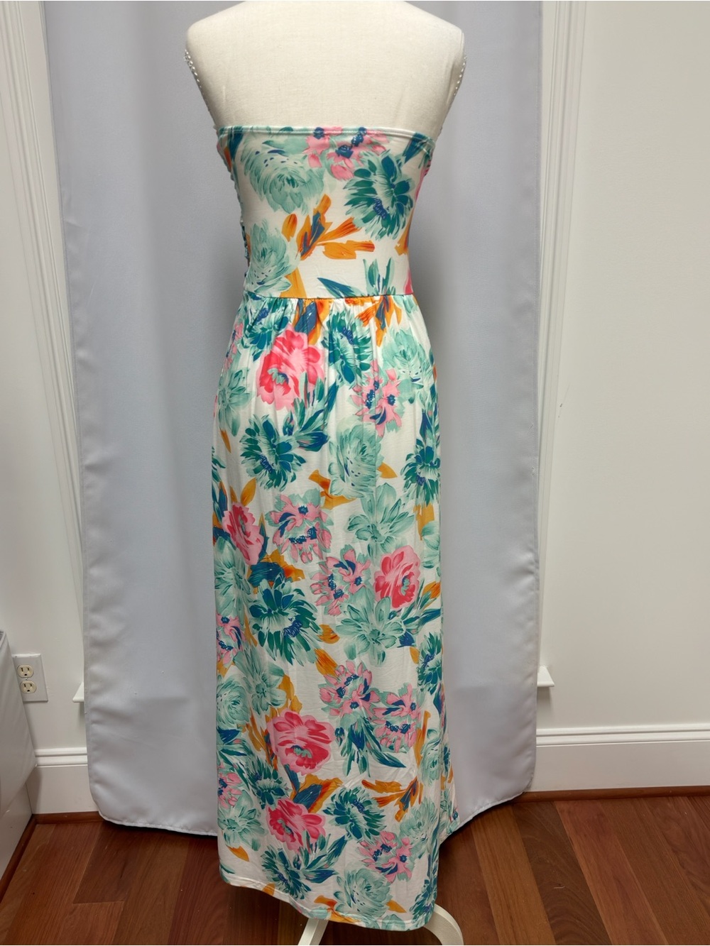 Grace Karin Strapless Floral Maxi Dress in Cream, Pink, Green - Picture 3 of 5